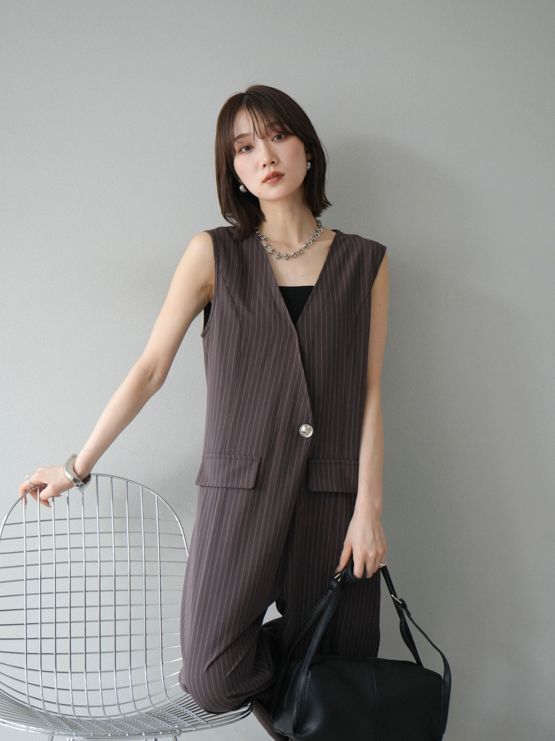 [予約]ストライプラップデザインオールインワン/ブラウン