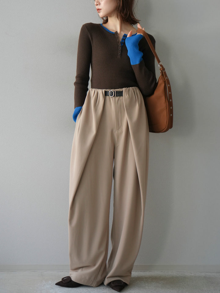 [1]ヘンリーネック配色リブニットトップス/ブラウン