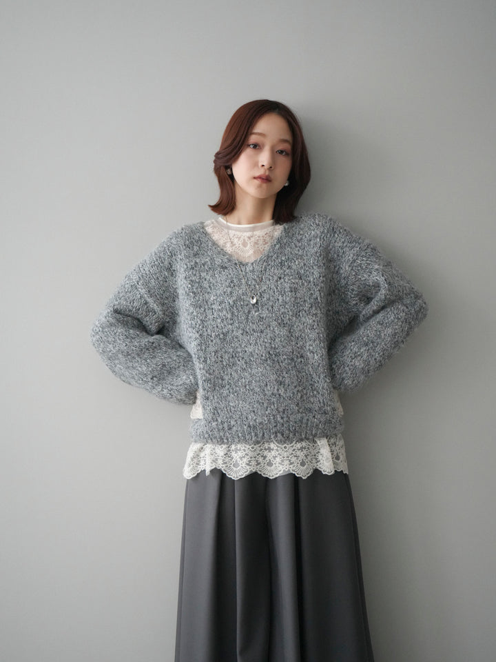 [SET]Vネックミックスヤーンニットプルオーバー+テープベルトタックバギーパンツ(2set)