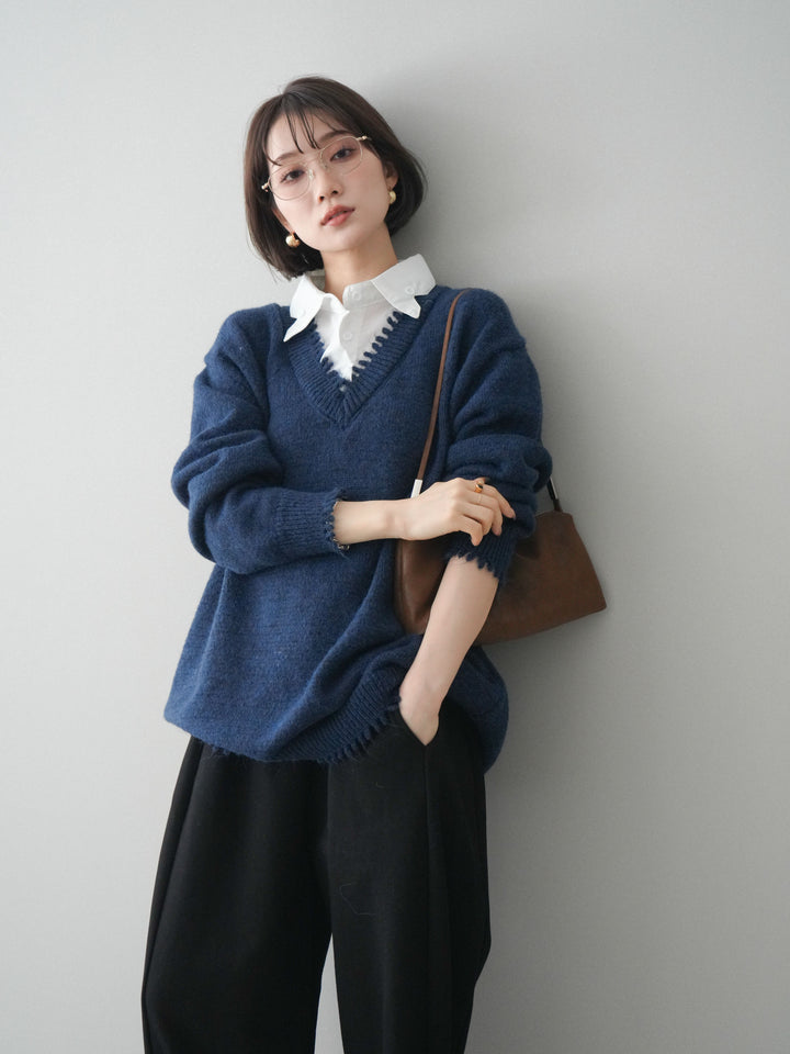[予約]シャツドッキングVネックフリンジニットプルオーバー/navy