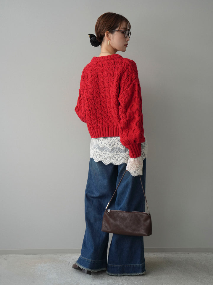 【着回しセット】[SET]バルキーケーブルクロップドニットプルオーバー+アンゴラタッチクルーネックニットプルオーバー+チュールレーストップス(3set)