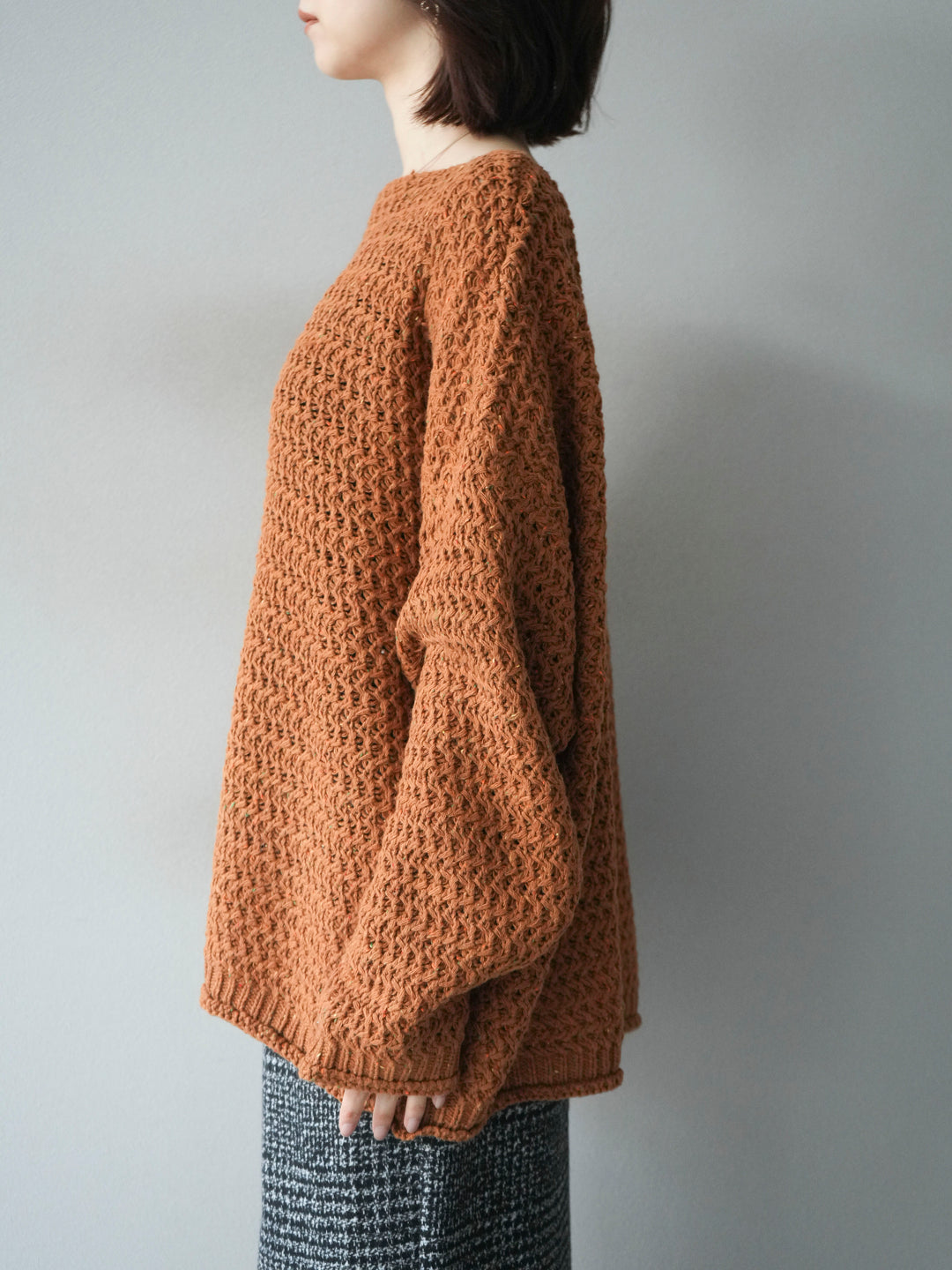 [予約]ネップ透かし編みオーバーニット/camel