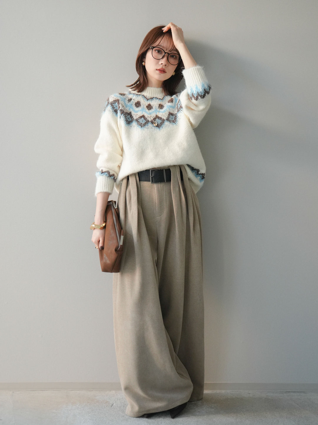 [予約]ベルトデザインループコールテンワイドパンツ(ベルト付き)/beige