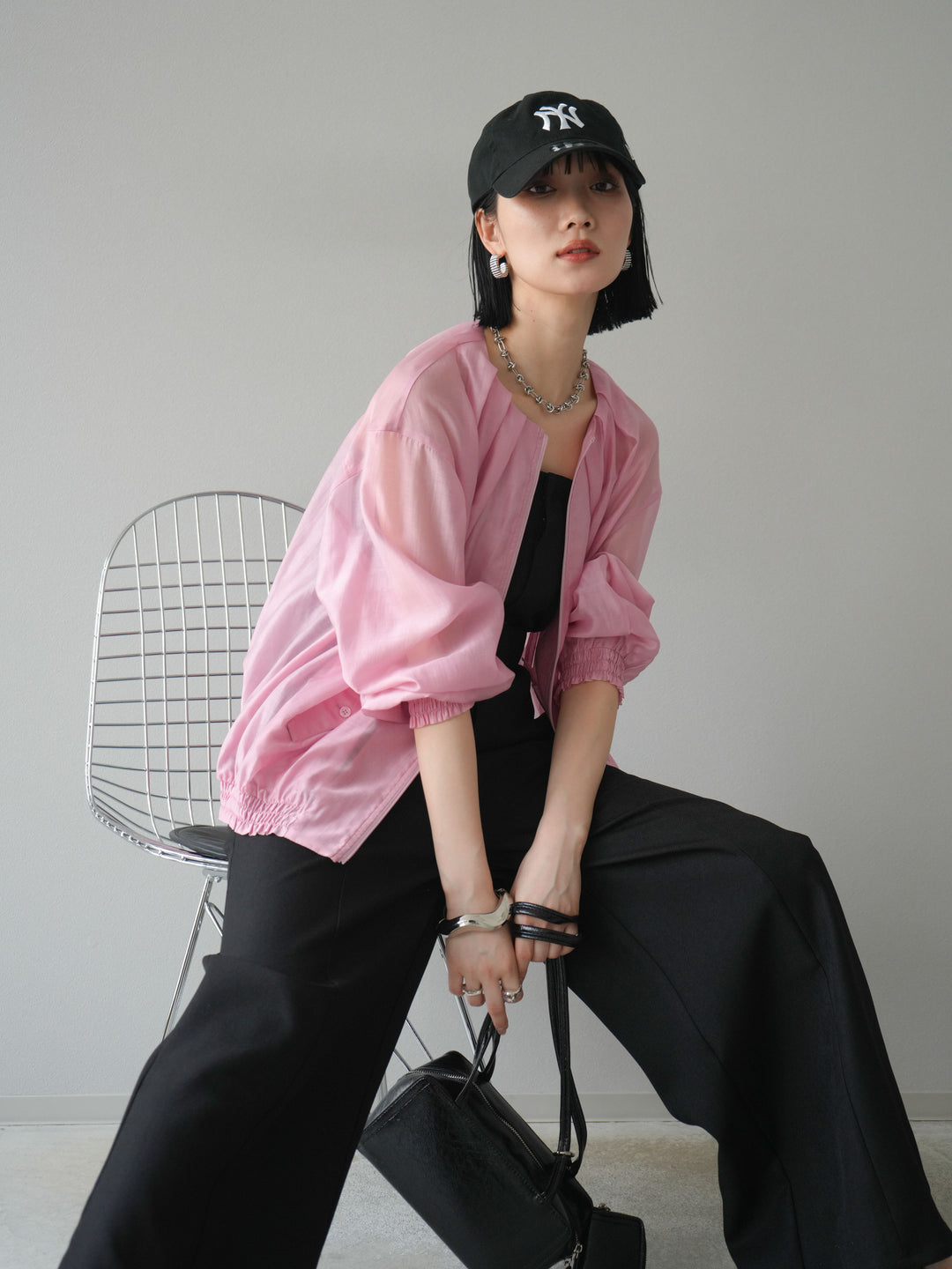 [SET]タックデザインシアーブルゾン+ヘザーツイルベルト付ベアサロペット(2set)