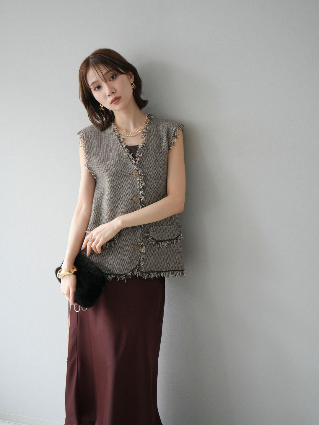 [予約]ツイードライクフリンジニットベスト/ブラウン