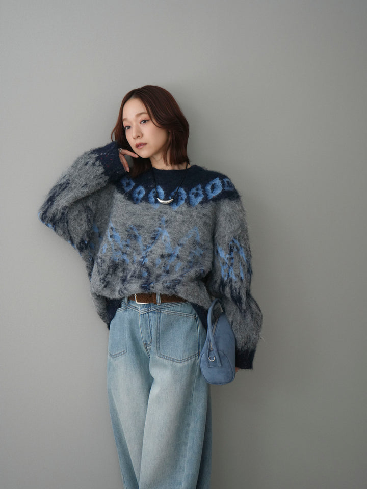 [SET]シャギーニュアンス柄ニットプルオーバー+ベルト付裏起毛カーブデニムパンツ(2set)