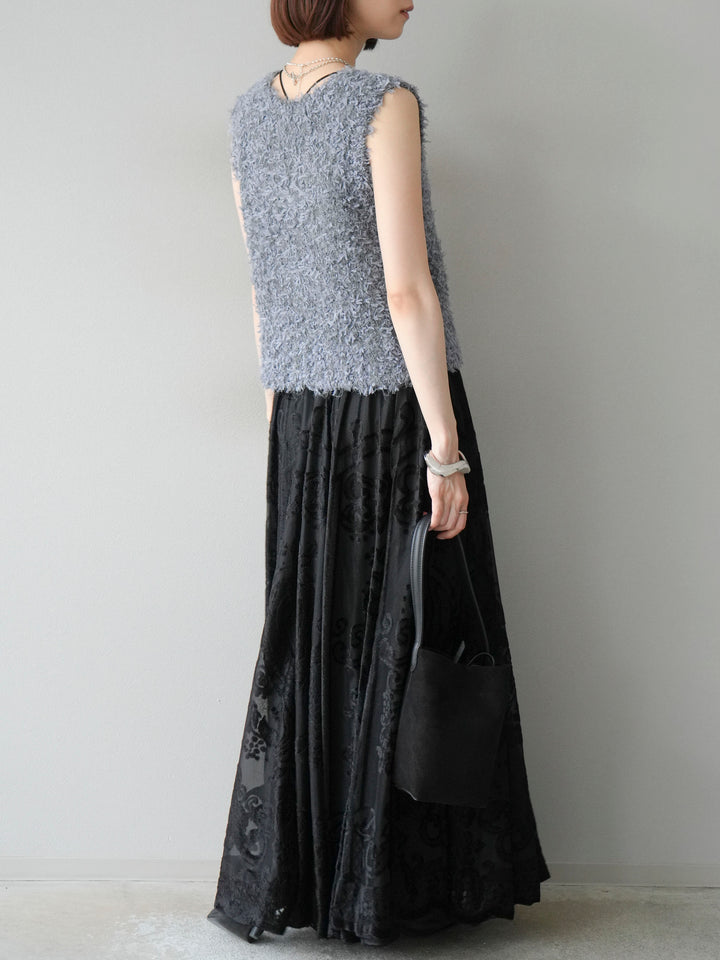 [予約]アンティーク柄フロッキーマキシスカート/ブラック