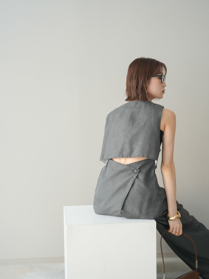 [SET]リネンライクバックオープンジレ+リネンライクタックワイドパンツ(2set)