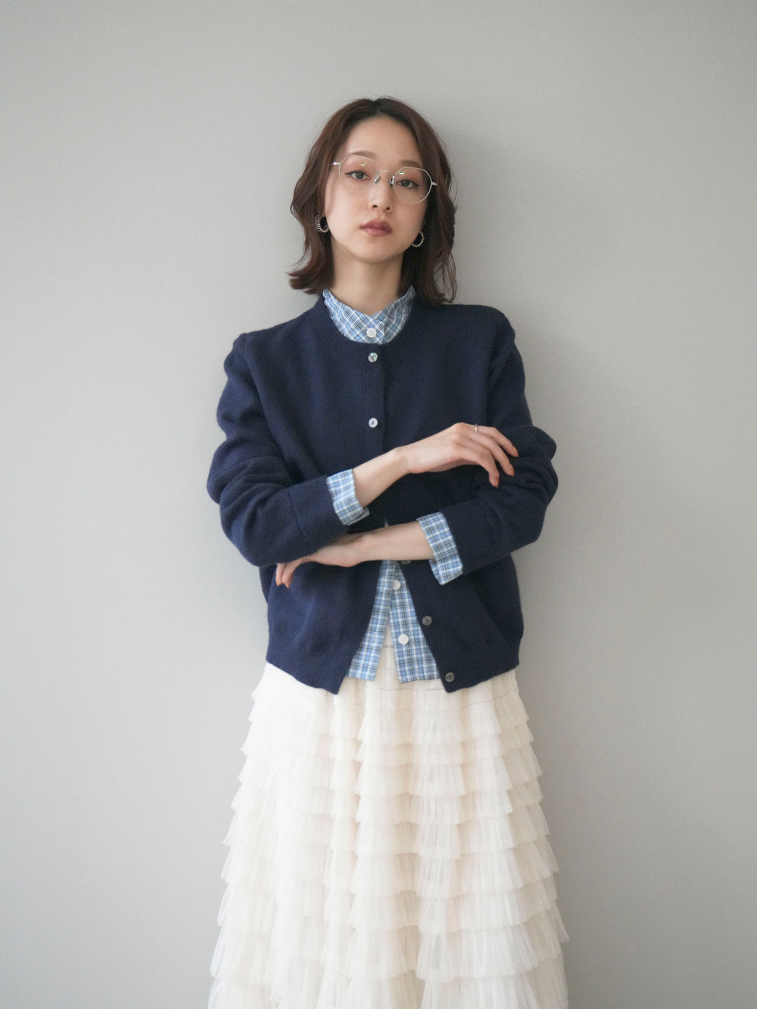 [予約]チェックシャツレイヤードデザインニットカーディガン/navy