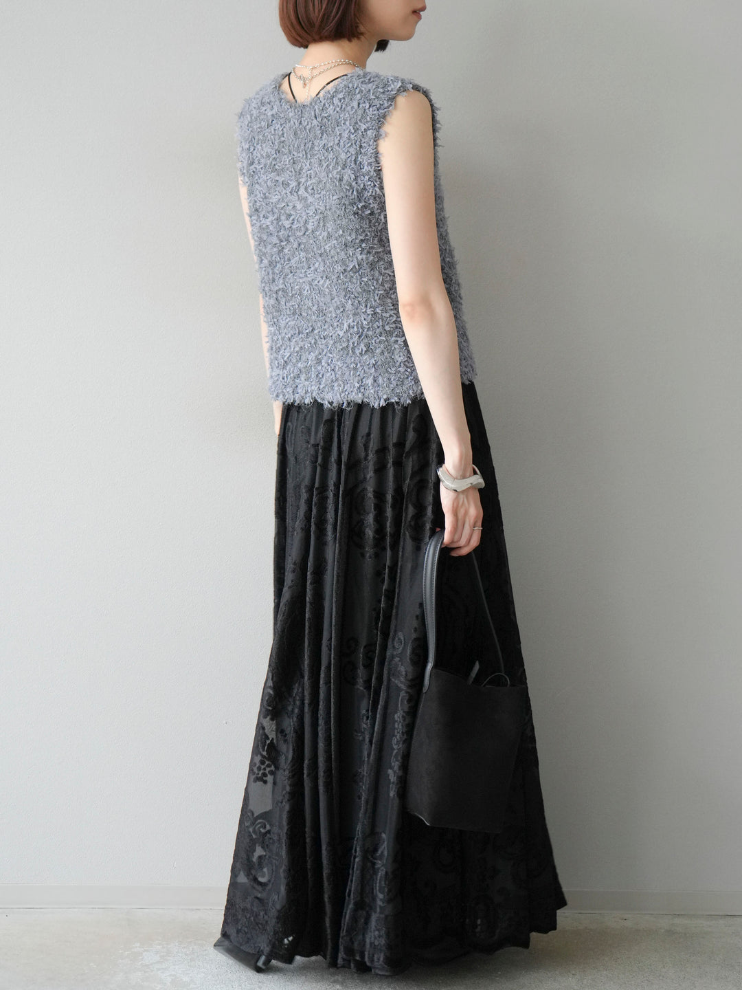 [SET]テープヤーンフリンジニットベスト+アンティーク柄フロッキーマキシスカート(2set)