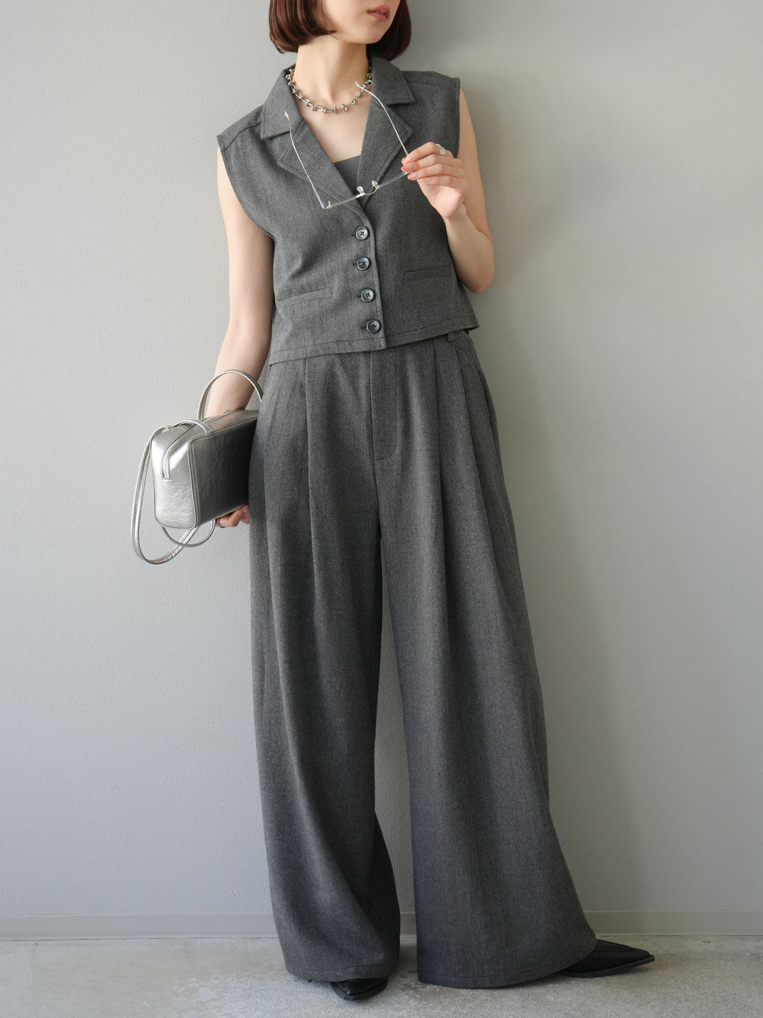 [予約]ツイードタッチタックワイドパンツ/ダークグレー