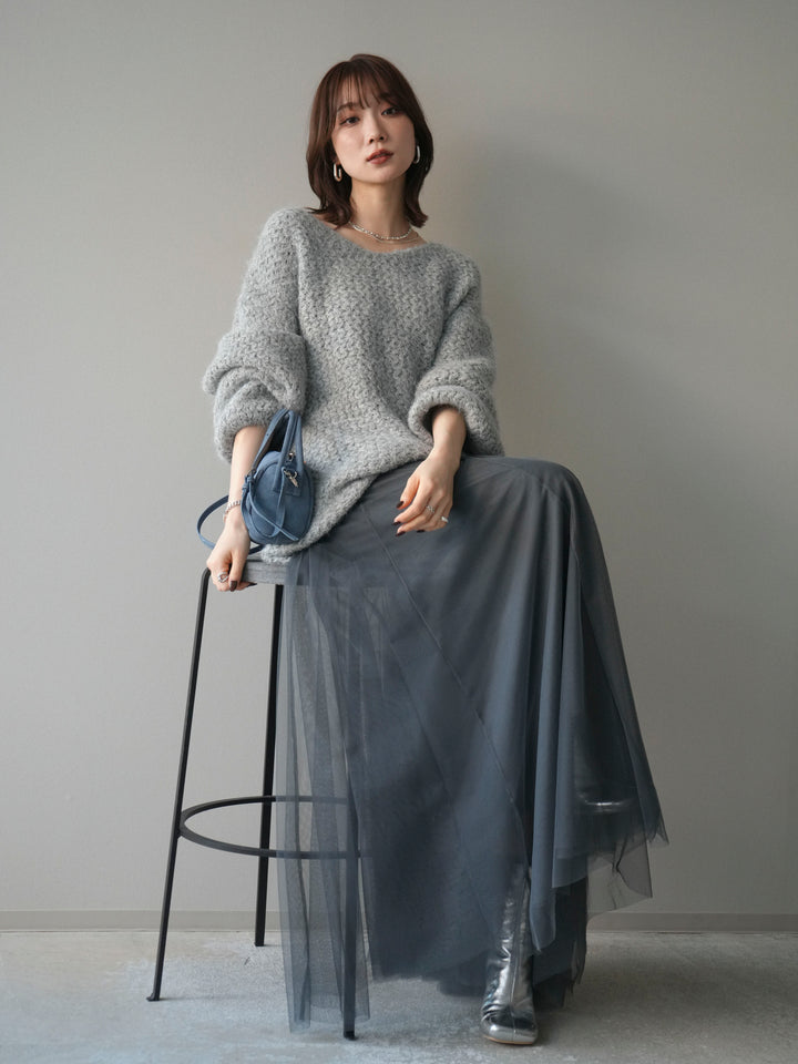 [SET]ウールタッチラメミックスヤーンVネックニットプルオーバー+チュールボリュームスカート(2set)