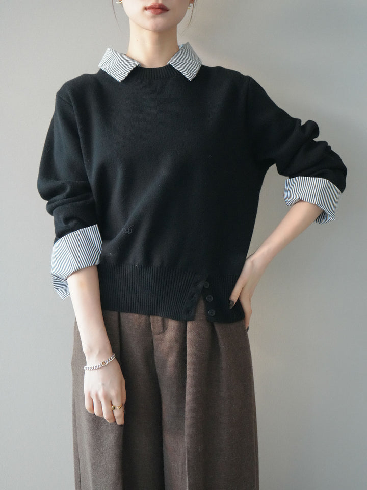 [予約]シャツドッキングデザイン裾ボタンニットプルオーバー/black