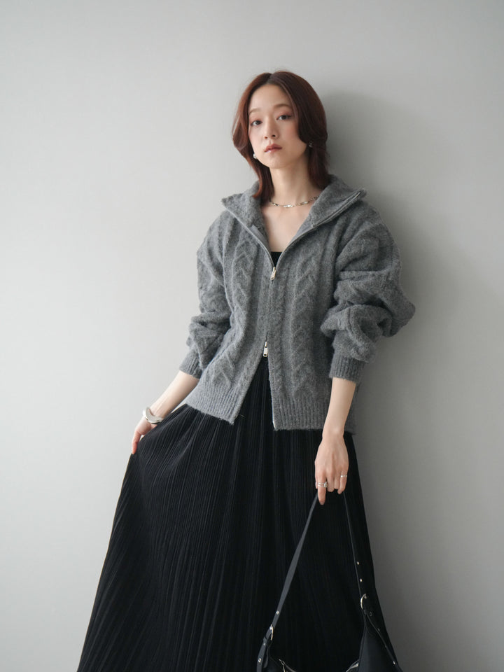 [SET]ケーブル編みハイネックZIPニットカーディガン+裾レーススウェードプリーツマキシスカート(2set)