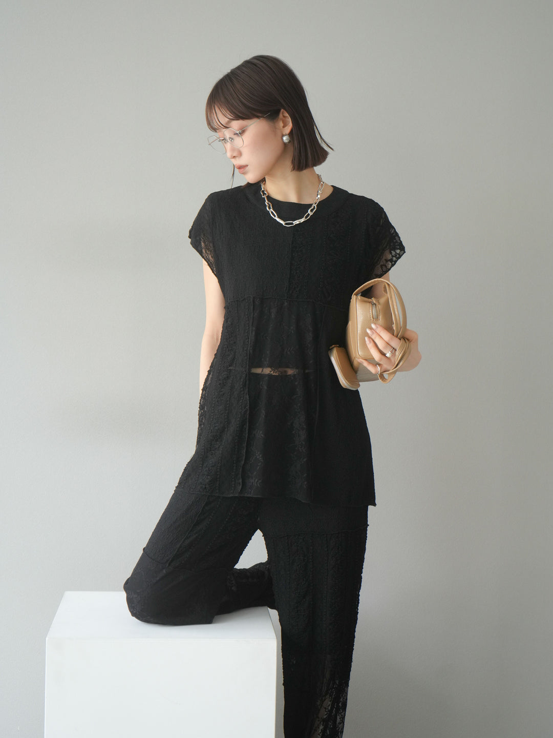 [予約]パッチワークレースフレンチプルオーバー/ブラック