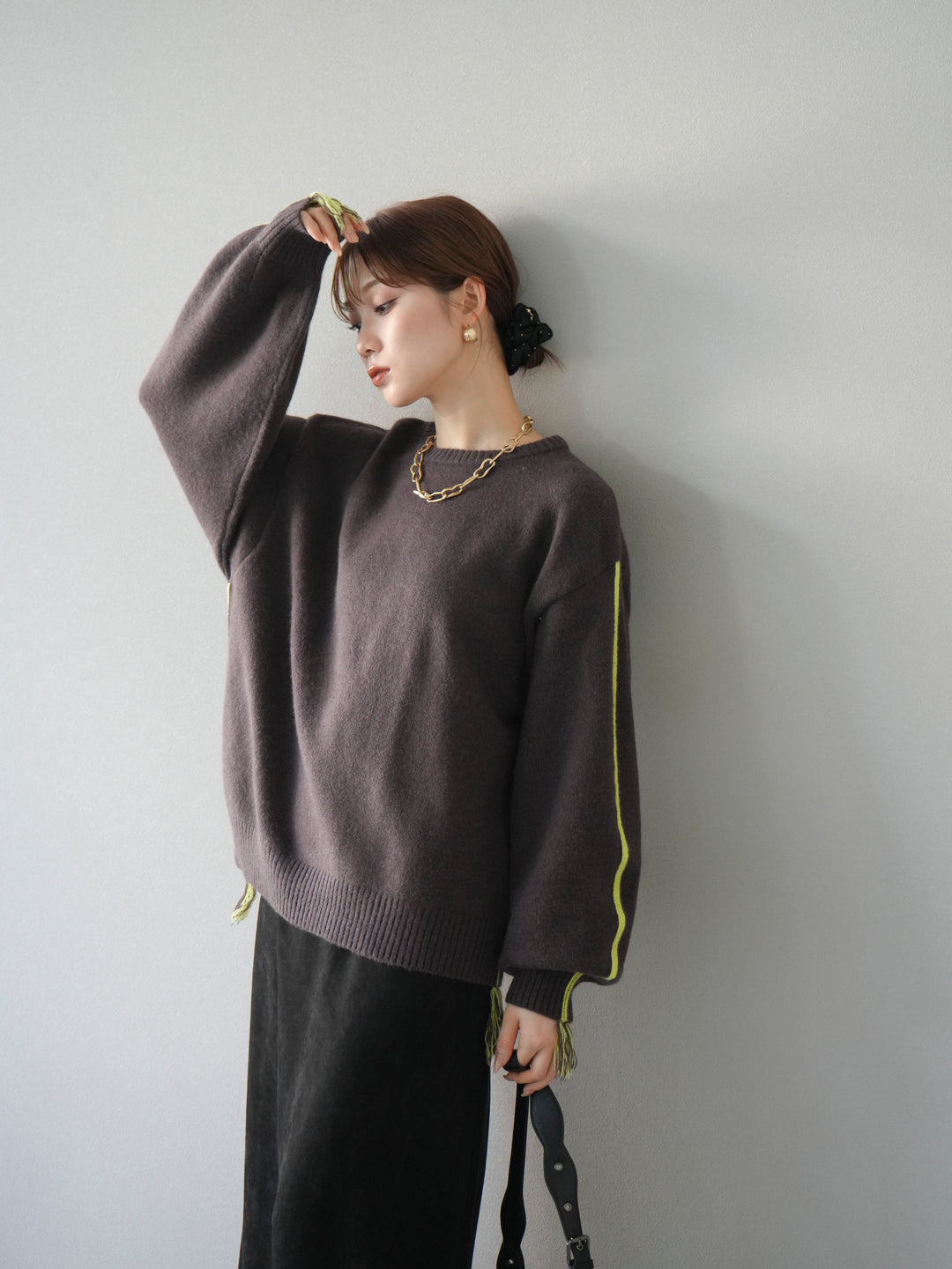 [予約]配色ステッチフリンジニットプルオーバー /ブラウン
