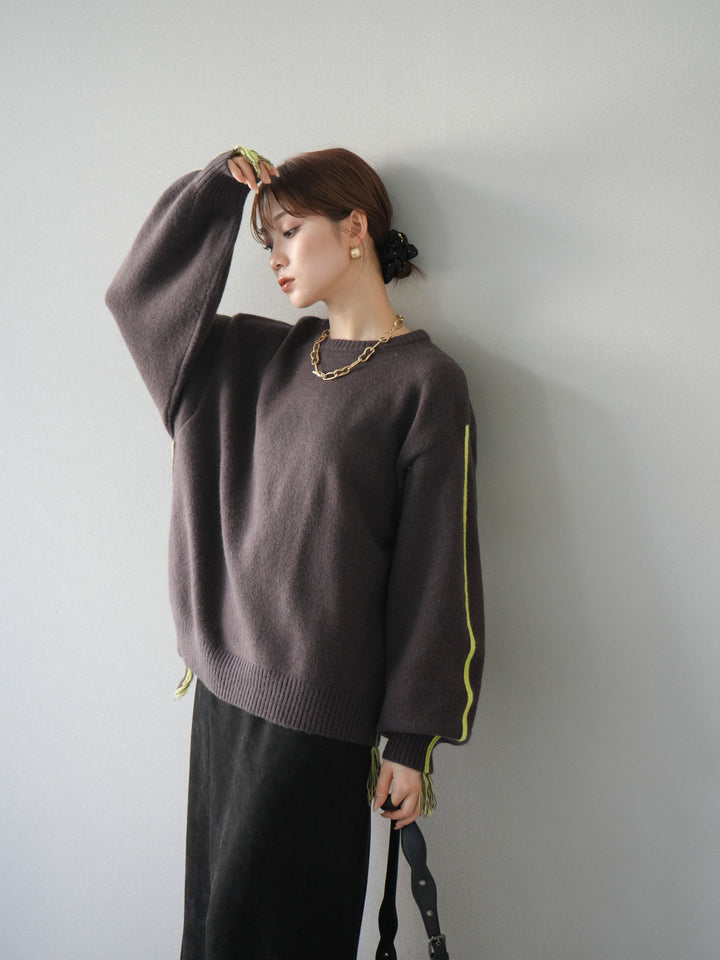 [予約]配色ステッチフリンジニットプルオーバー /ブラウン