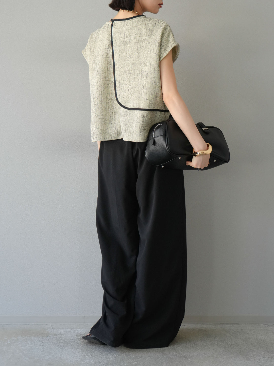 [SET]サマーツイードケープデザインプルオーバー+クレープシフォンタックワイドパンツ(2set)