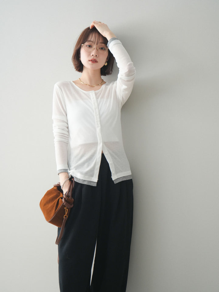 [予約]シアーリブバイカラーカーディガン/white
