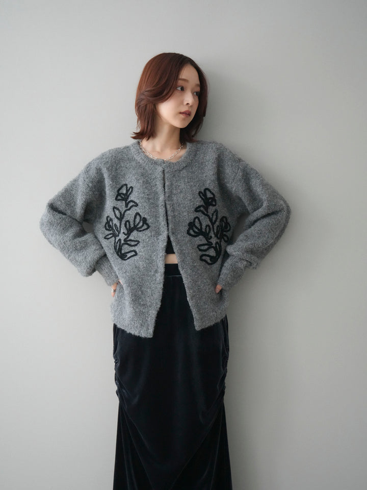 [SET]テープ刺繍ホック開きブークレニットカーディガン+選べるアクセセット(2set)