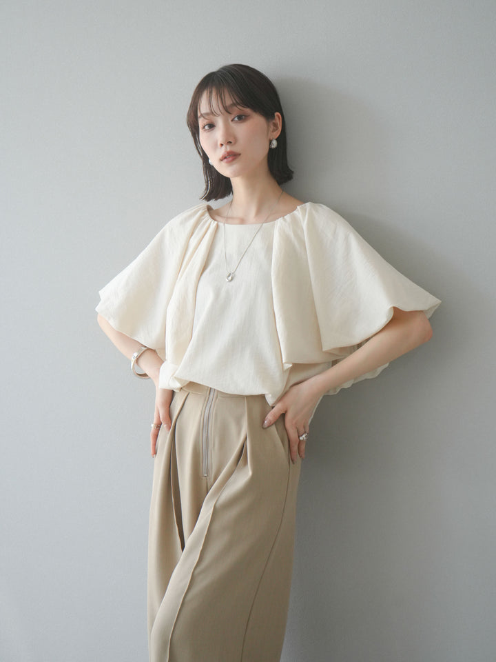 [SET] 燈籠袖褶襉設計上衣 + 拉鍊褶襉寬褲 (2 套)