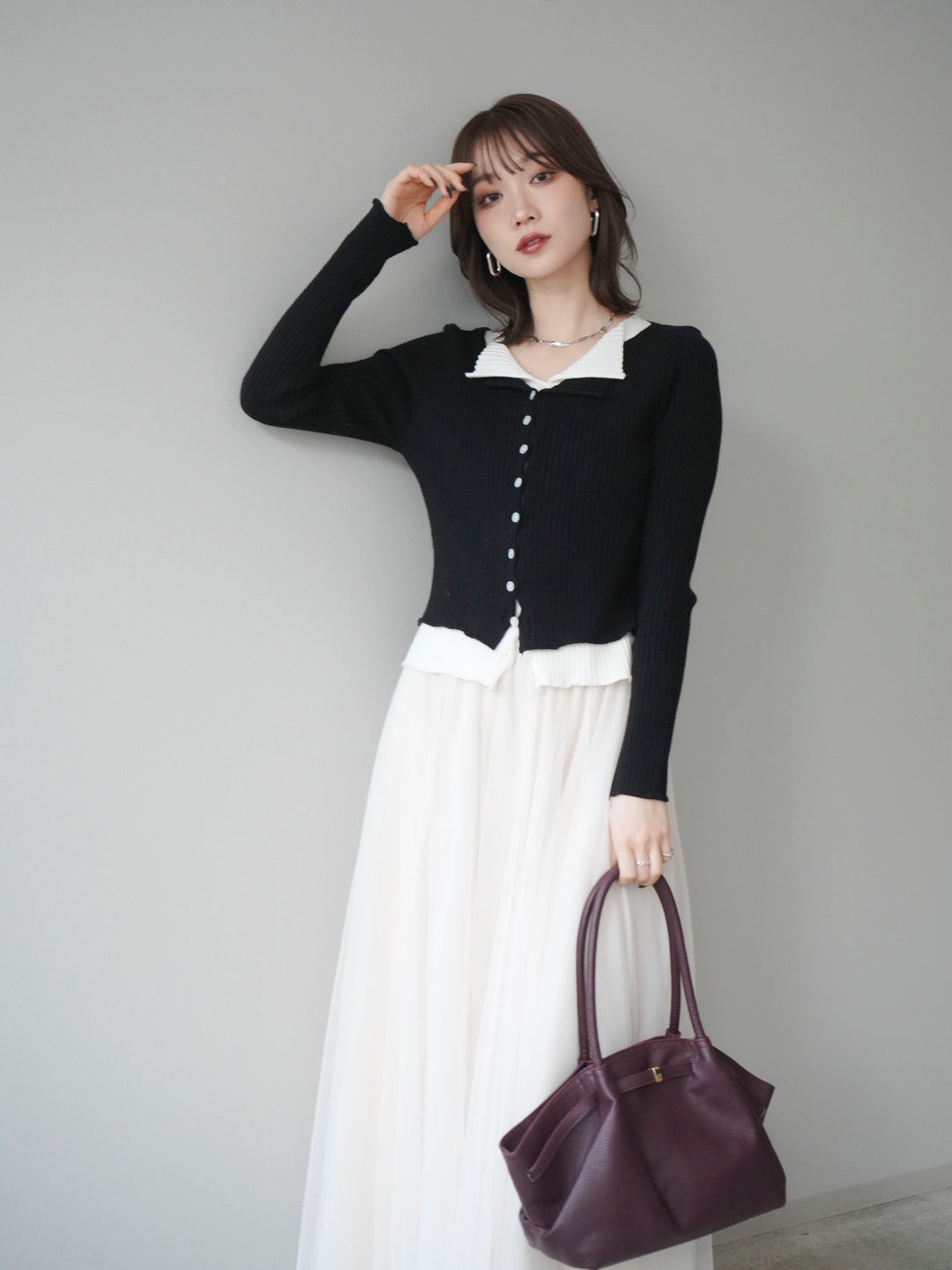 [予約]配色レイヤードリブニットカーディガン/black