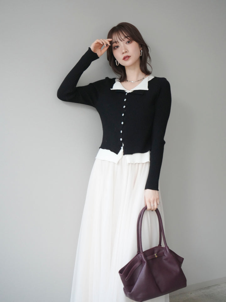 [予約]配色レイヤードリブニットカーディガン/black