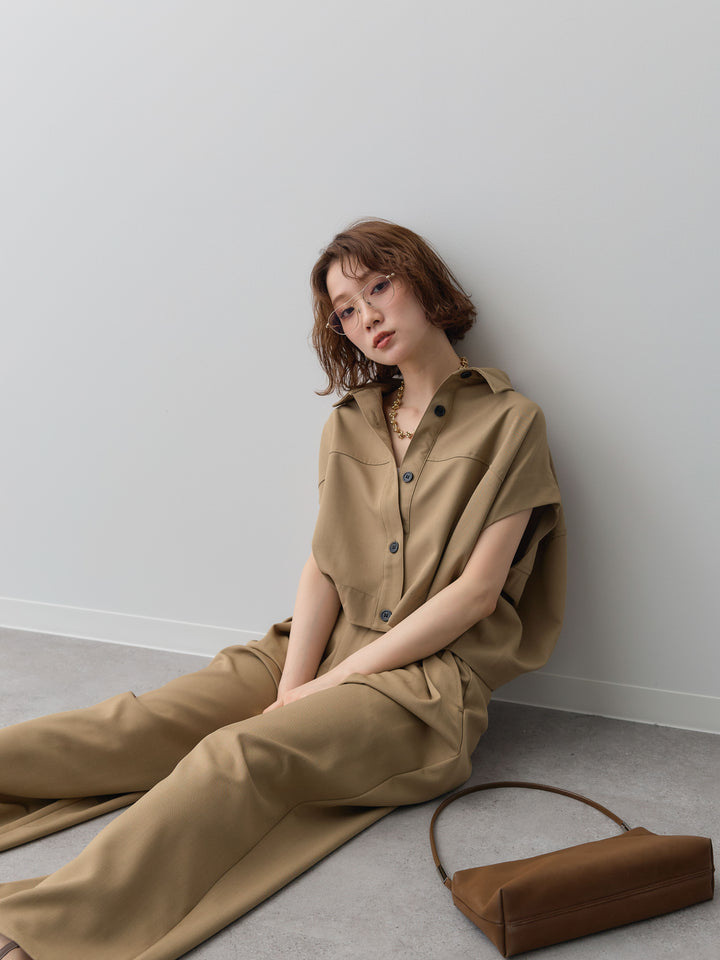 【套裝】縐綢燈籠無袖襯衫 + 縐綢闊腿褲（兩件套）