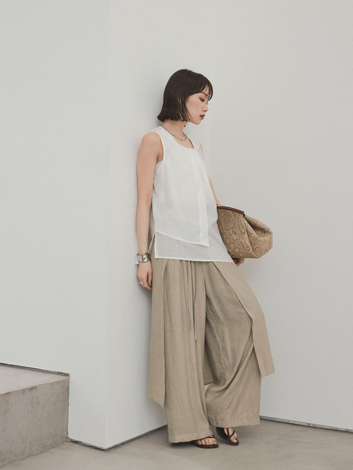 [SET]シアータックアシンメトリーブラウス+ワッシャーサテンレイヤードスカートパンツ(2set)