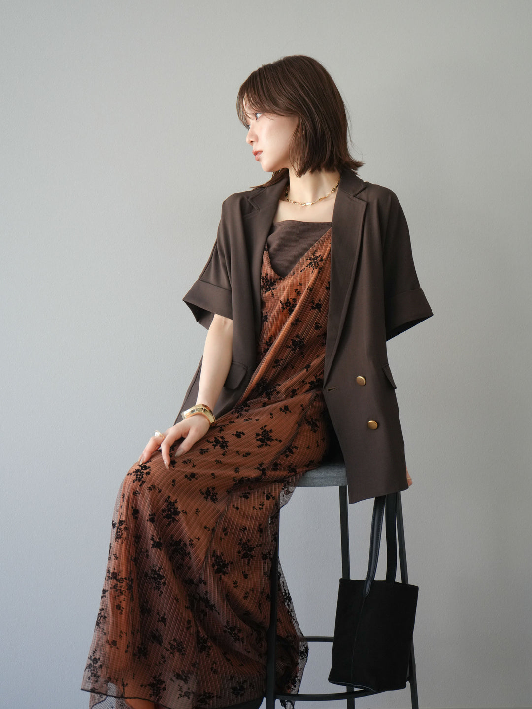 [套裝] 植絨薄紗層疊天鵝絨吊帶連身裙 + 金色紐帶半夾克 (2 套)