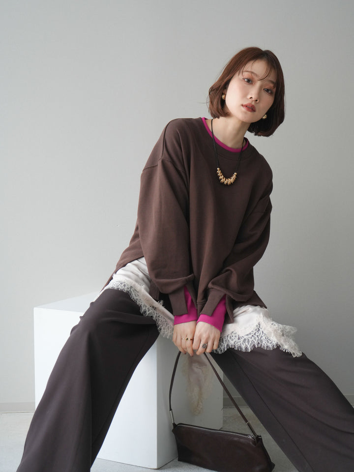 [SET]配色レイヤードデザインスエットプルオーバー+アシンメトリーサテンレースキャミソール(2set)