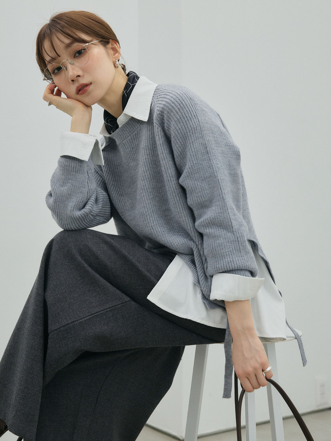 【Allure】[SET]サイドスリット畦編みニットプルオーバーシャツアンサンブル+サイドスリット畦編みニットプルオーバーシャツアンサンブル(2set)