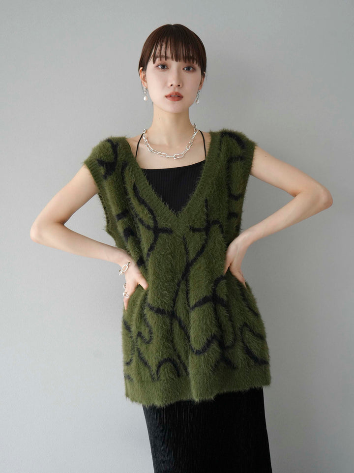 [予約]ラインシャギーニットベスト/カーキ