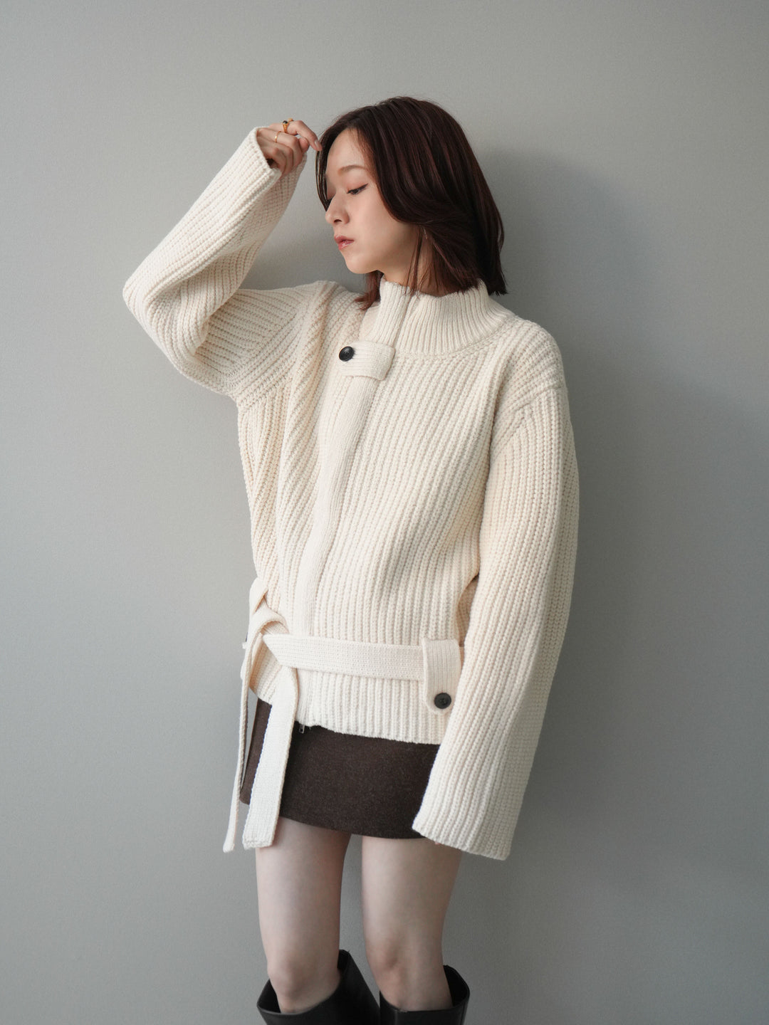 [SET]畦編みボトルネックZIPニットカーディガン+ウールタッチベルト付ミニスカート(2set)
