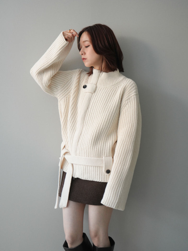 [SET]畦編みボトルネックZIPニットカーディガン+ウールタッチベルト付ミニスカート(2set)