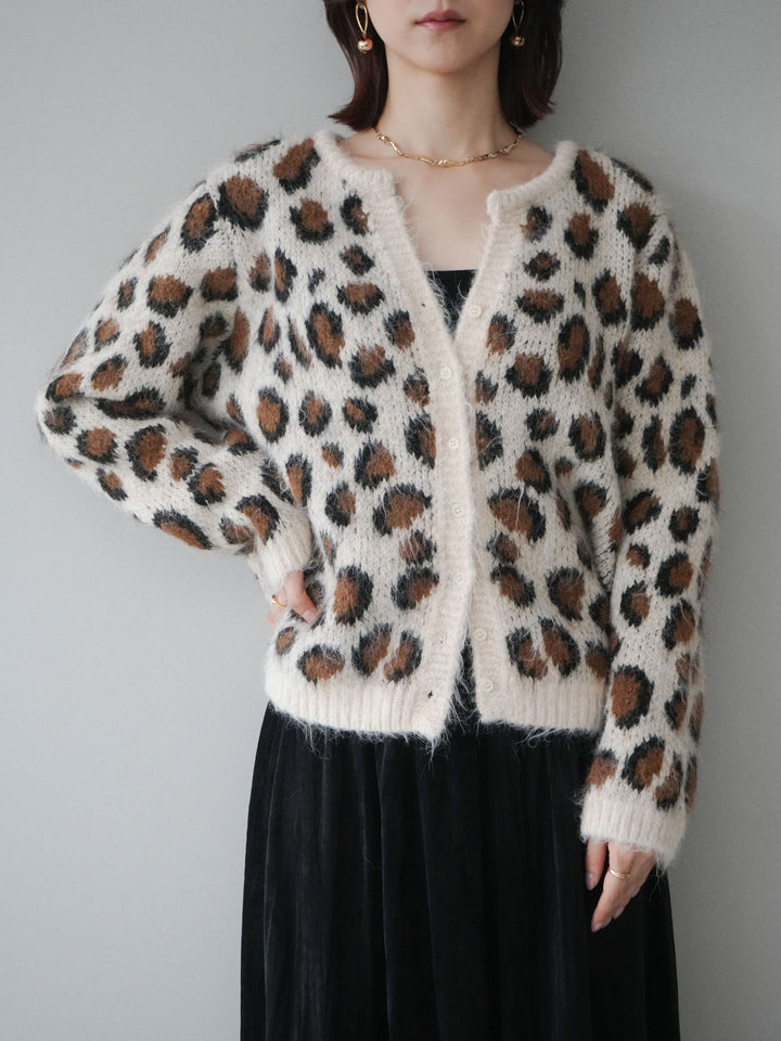 [SET]モヘアタッチレオパード柄ニットカーディガン+ワッシャーベロアプリーツスカート(2set)