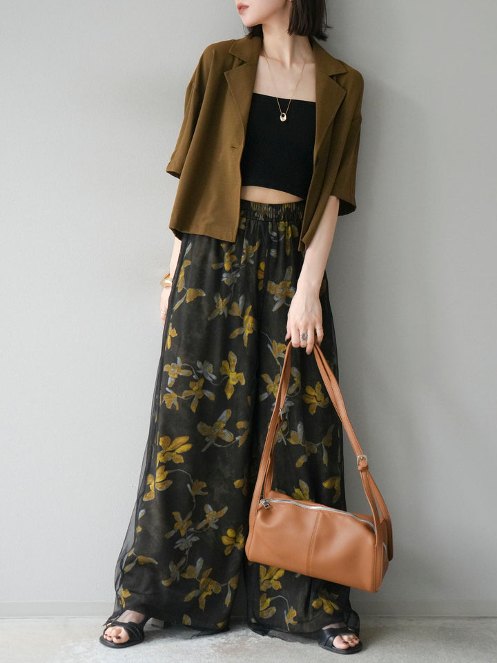 [SET]ハーフショートジャケット+フラワープリントチュールレイヤードパンツ(2set)