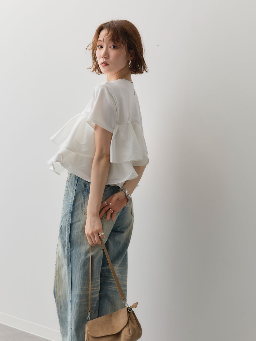 [SET]フリルティアードTEE+縦ウォッシュワイドデニムパンツ(2set)
