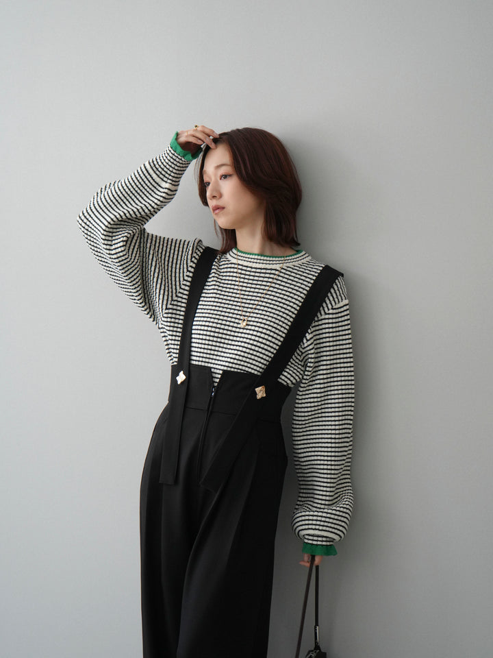 [SET]ラメ異素材ボーダーリブニットプルオーバー+ゴールドボタンサスペンダーワイドパンツ(2set)
