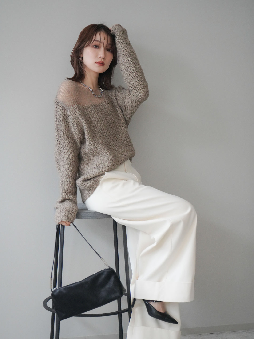 [予約]ダメージデザインニットプルオーバー/greige