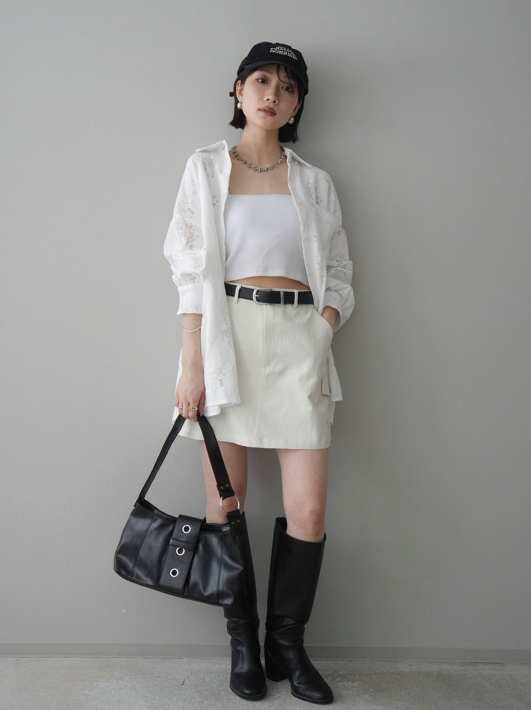 【套裝】提花蕾絲罩衫+繫帶工裝迷你裙（兩件套）