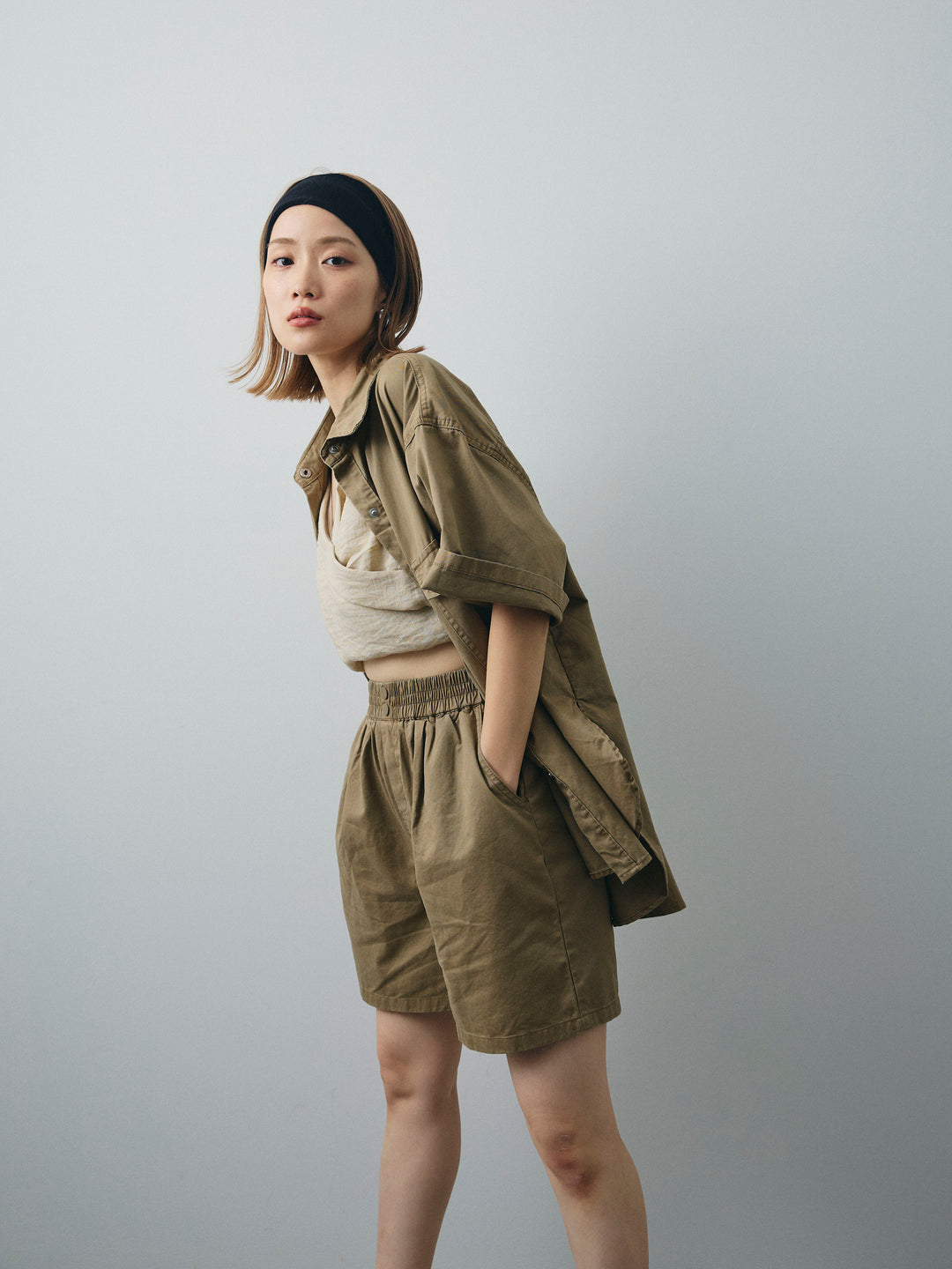 [SET]ミリタリーオーバーシャツ＆ハーフパンツSET UP+リネンライクカシュクールデザインビスチェ(2set)