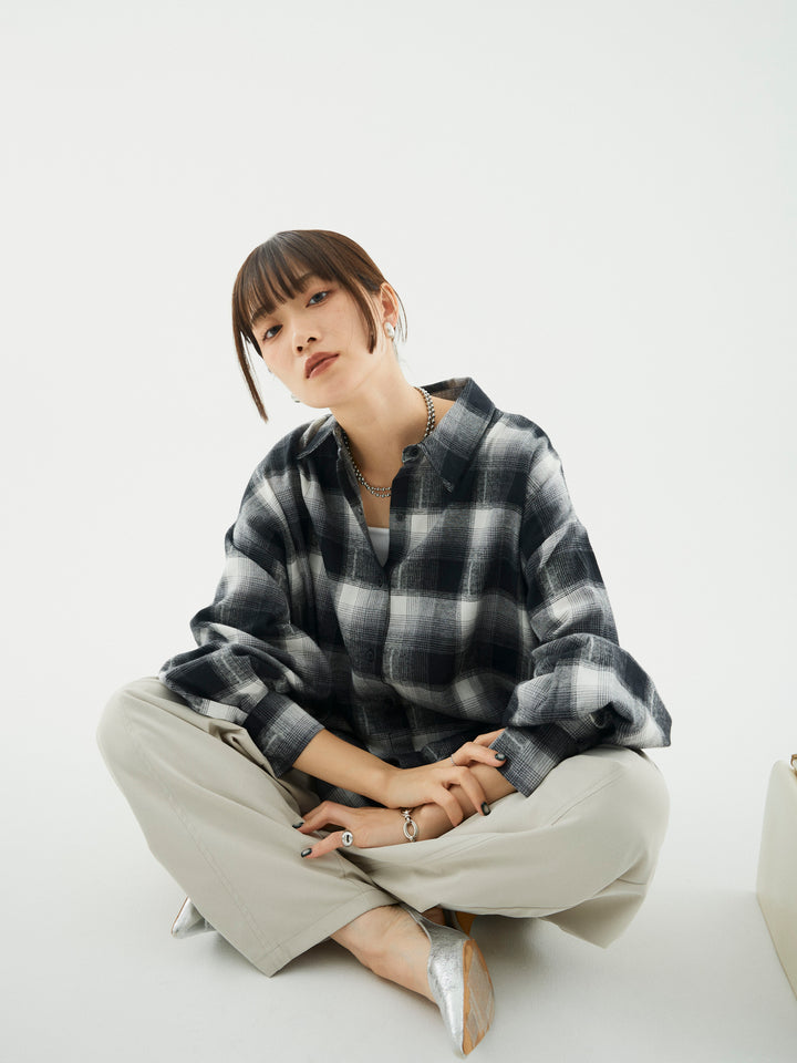 【Allure】[SET]オンブレチェックオーバーシャツ+タフタワイドカーブパンツ(2set)