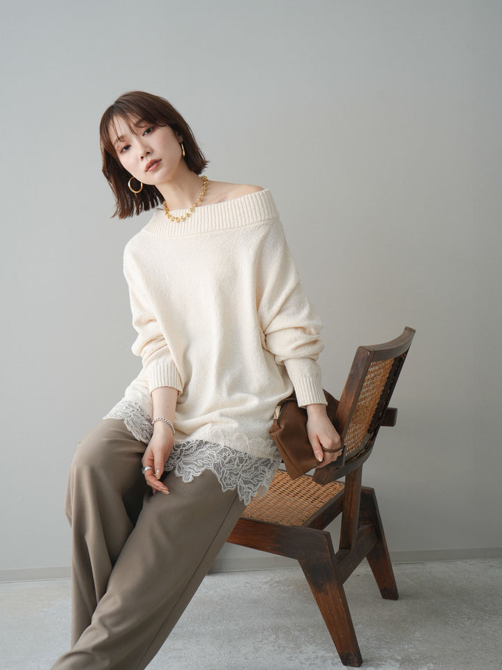 [予約]アシンメトリーレースヘムニットプルオーバー/ivory