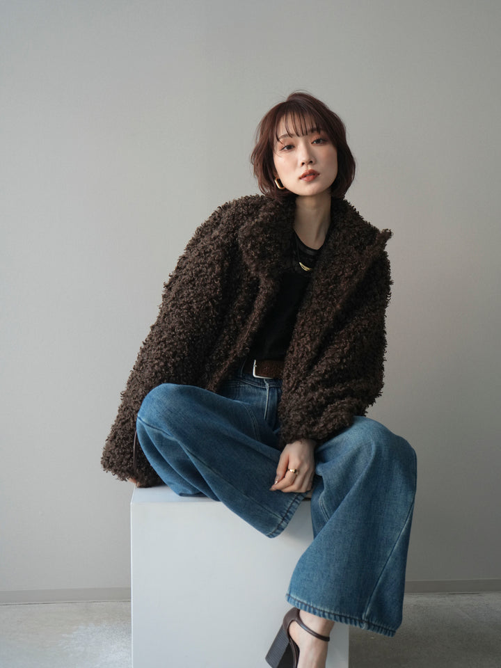 [SET]プードルファーミドルスタンドブルゾン+ベルト付裏起毛カーブデニムパンツ(2set)