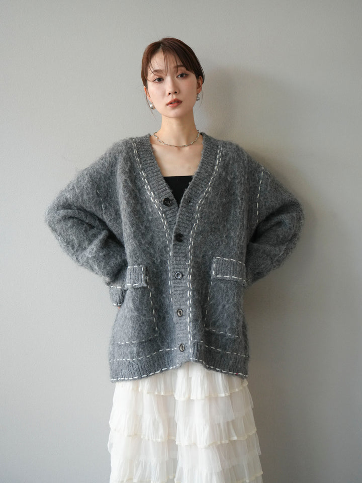 [予約]ステッチVネックニットカーディガン/グレー