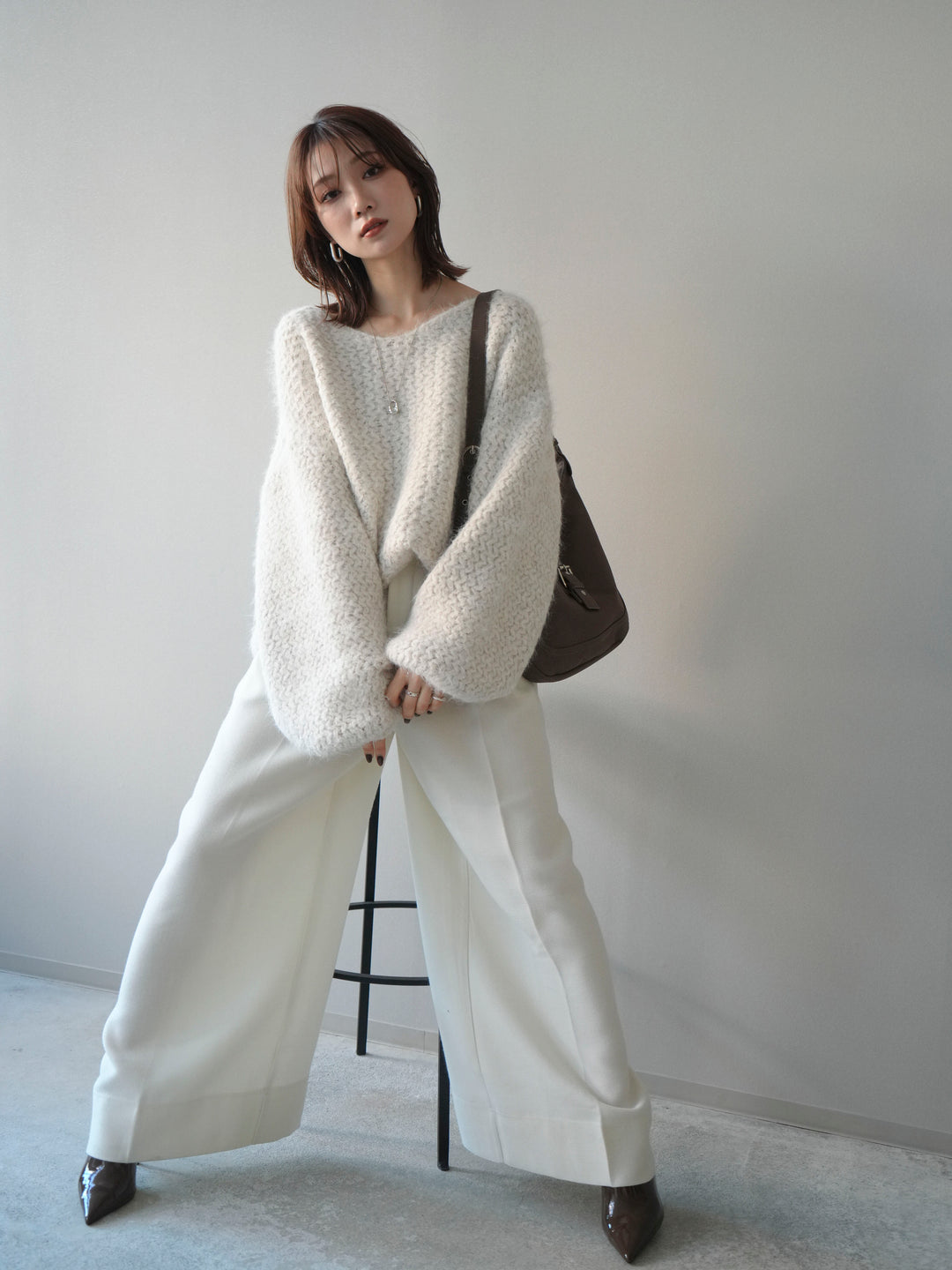 [予約]ウールタッチラメミックスヤーンVネックニットプルオーバー/ivory