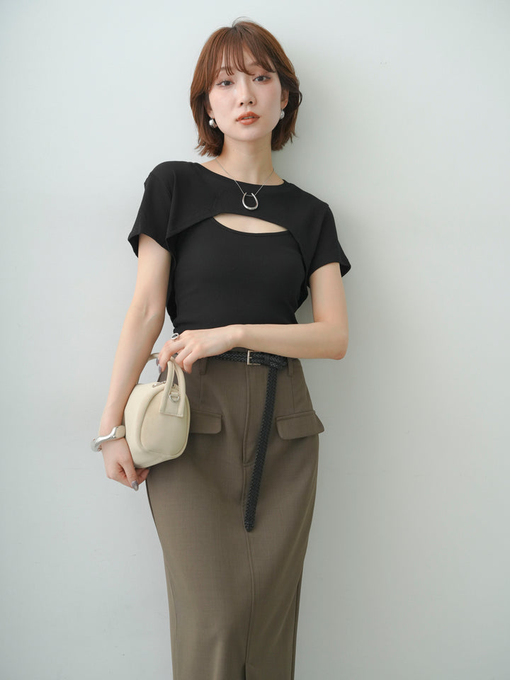 [SET]フロントオープンレイヤードトップスセット+クレープデシンフラップ付きストレートスカート(2set)