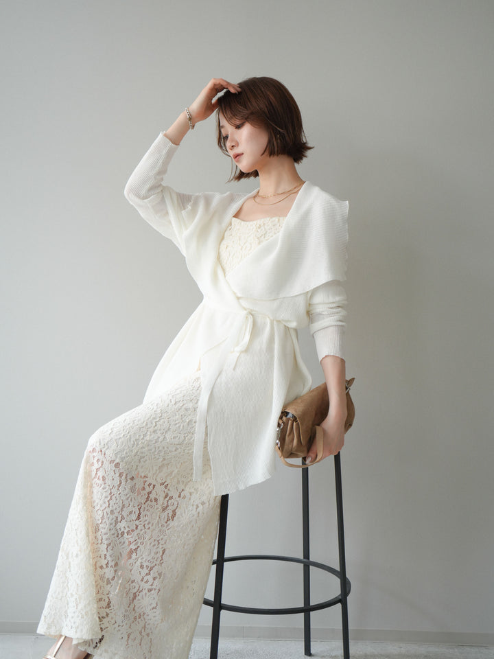 [SET]ドレープリブニットガウン+フルレースキャミ＆IラインスカートSET UP(2set)