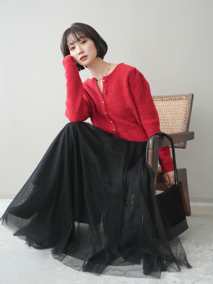 [SET]ゴールドボタンブークレニットカーディガン+チュールボリュームスカート(2set)